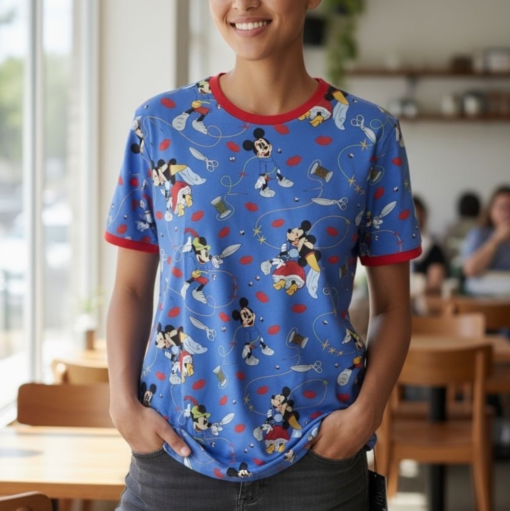 Loungefly Disney Mickey Mouse Patterned Shirt in Blue and Red Size XL